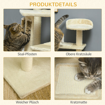 PawHut Kratzbaum 100 cm Katzenturm mit Sisalstämme, große Plattform, mehrstöckiger Katzenkratzbaum, Kletterbaum, für small &amp; mittelgroße Katzen, Beige
