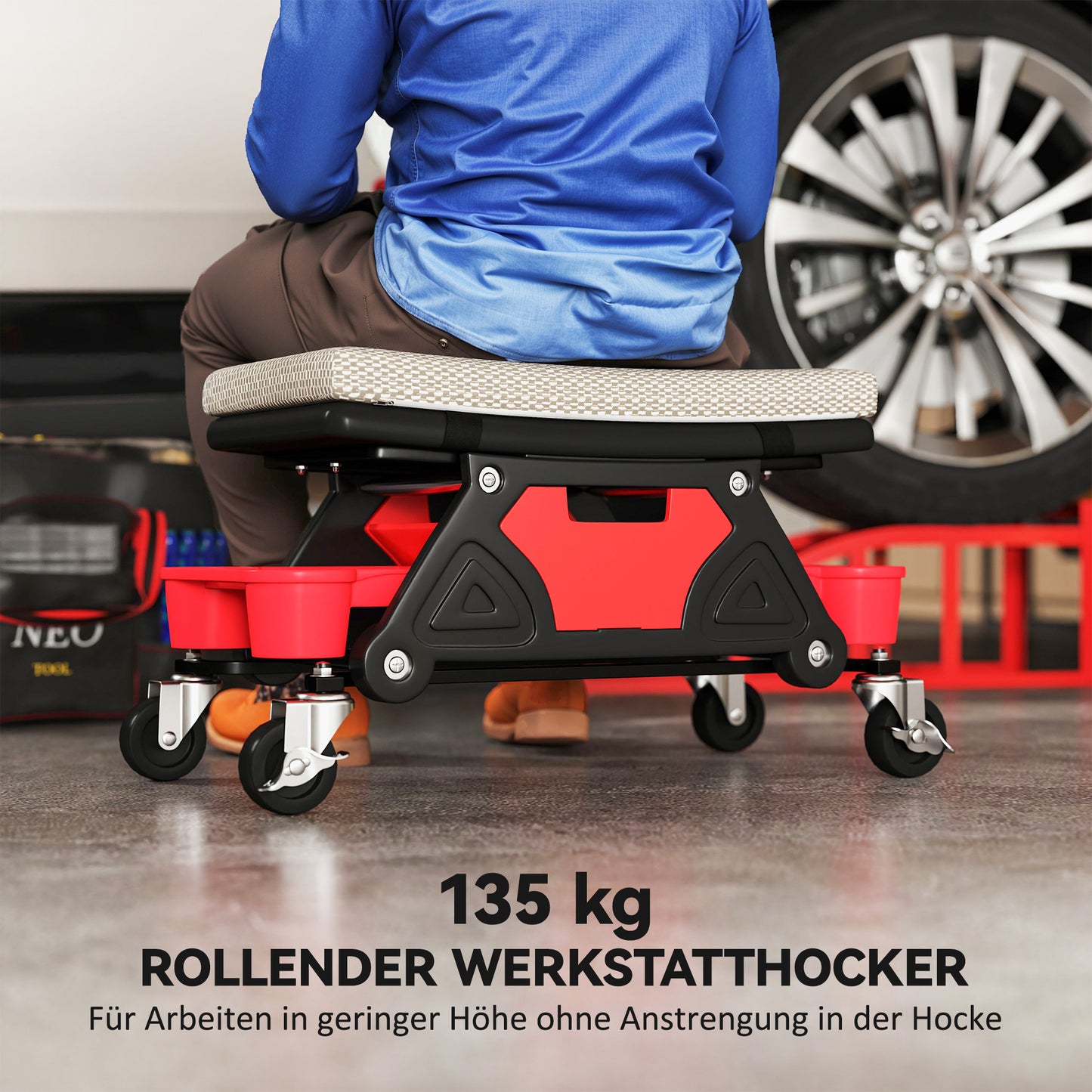HOMCOM Werkstatthocker mit Rollen Ablagefläche 35cm hoch Rollhocker bis 135 kg belastbar Grau