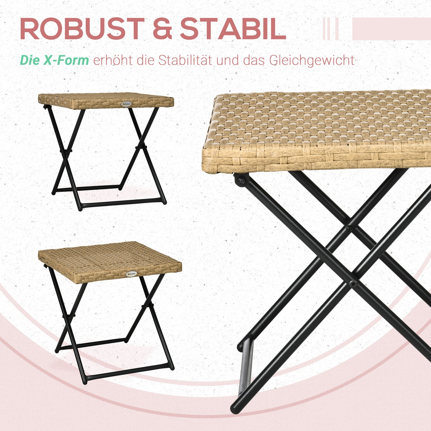 Outsunny Polyrattan Balkontisch, klappbar, Stahlrahmen, pflegeleicht, 40x40x40 cm, Natur