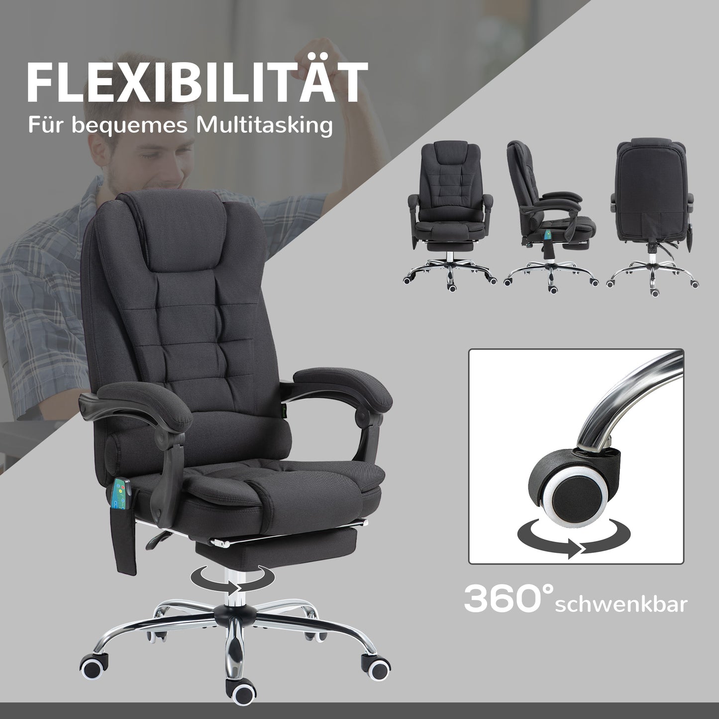 Vinsetto Bürostuhl med Massagefunktion, Ergonomischer Schreibtischstuhl med Liege- &amp; Wärmefunktion, höhenverstellbar, Schwarz