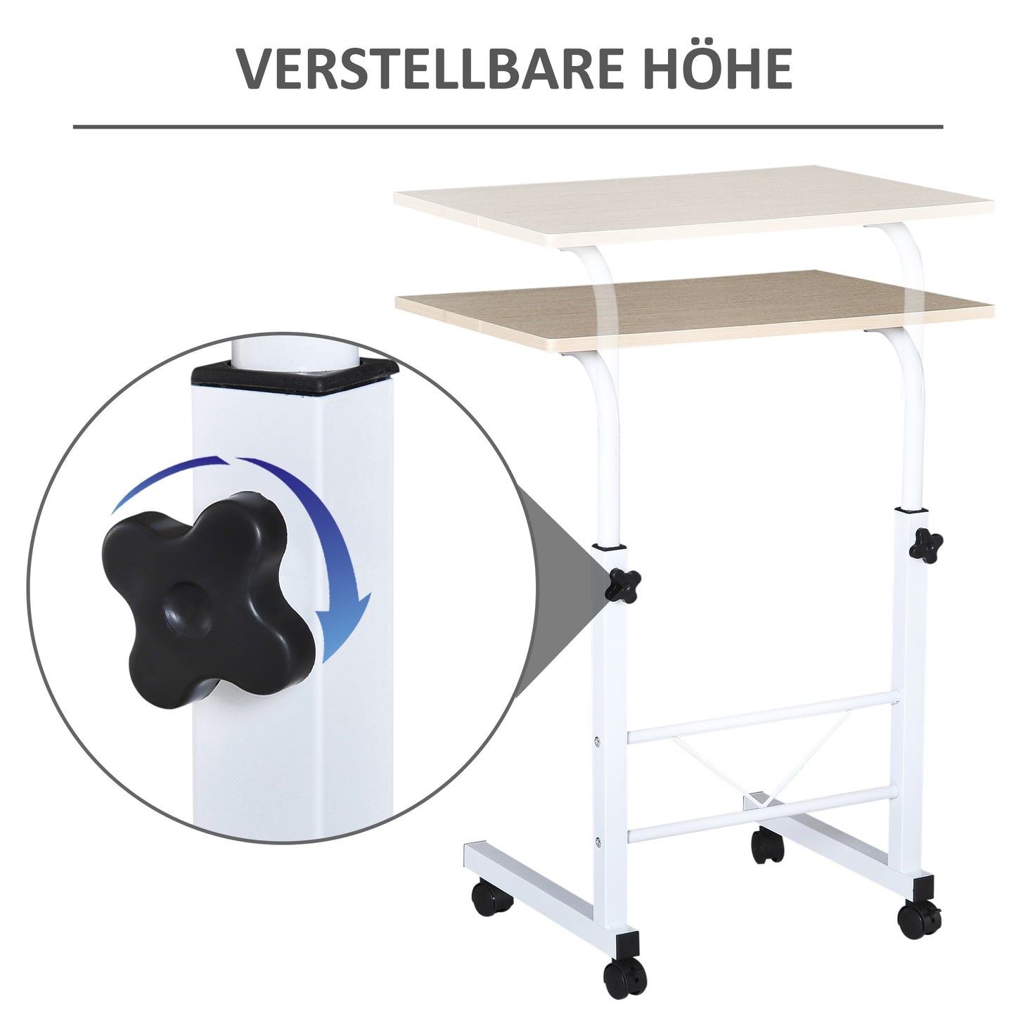 HOMCOM Beistelltisch höhenverstellbarer Couchtisch mobiler Endschreibtisch mit Rädern Feststellbremsen C-Tische Spanplatte Stahl Eisen Kunststoff Weiße Ahornfarbe 60 x 40 x 68-78 cm