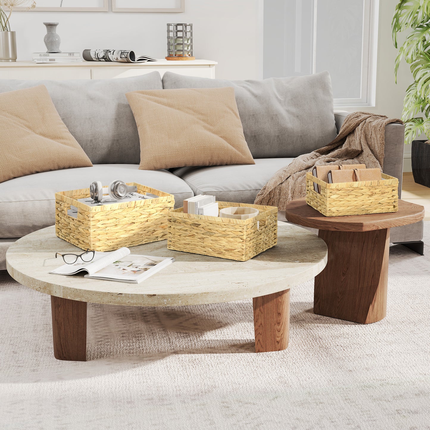 HOMCOM 3er-Set Aufbewahrungskörbe mit Griffen und Metallgestell, für Regale, Schlafzimmer Wohnzimmer, Badezimmer, Naturton