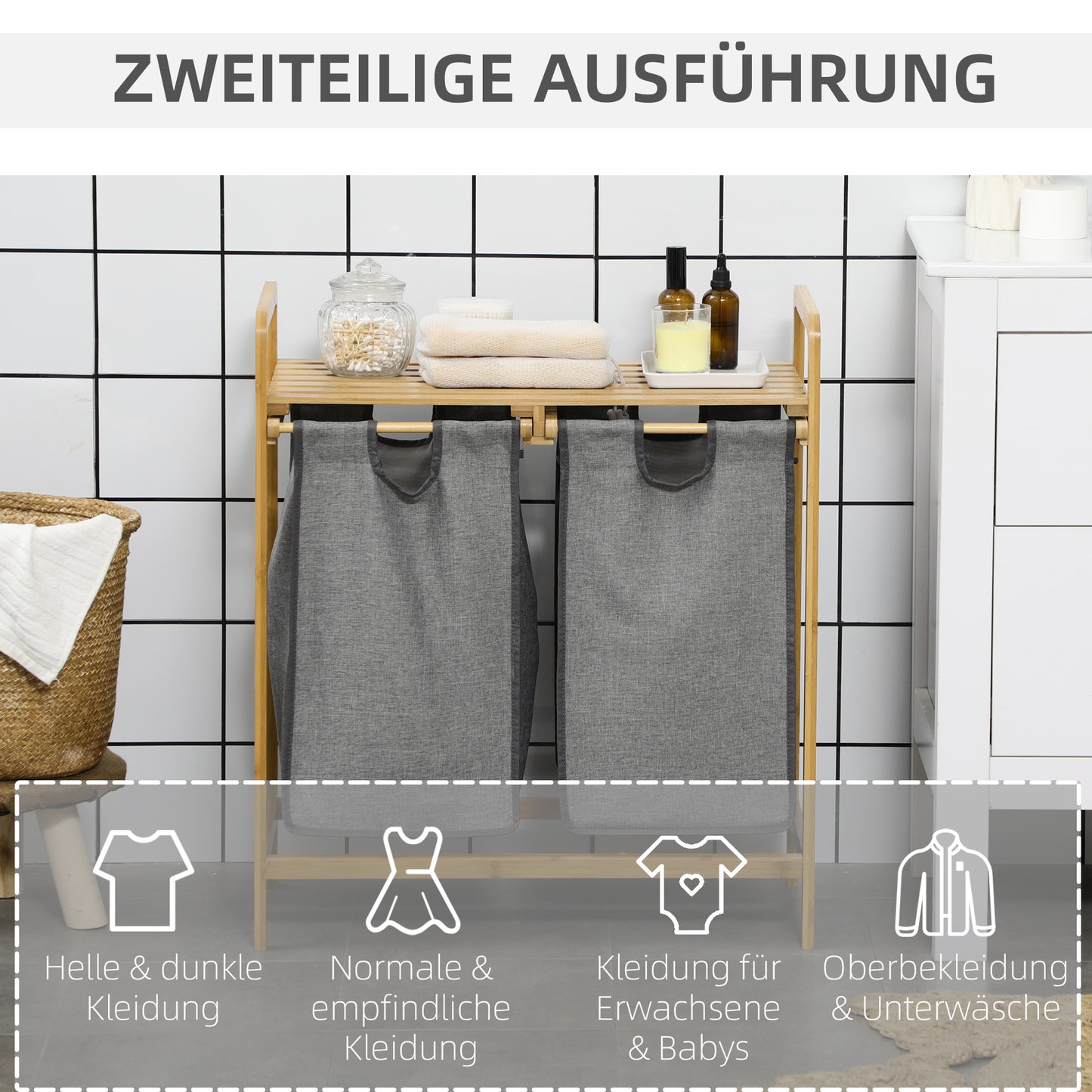 HOMCOM Wäschesammler Wäschekorb, 2 Wäschesäcke, 2 Griffe, Bambus, 63,5 x 33 x 73 cm, Grau + Natur