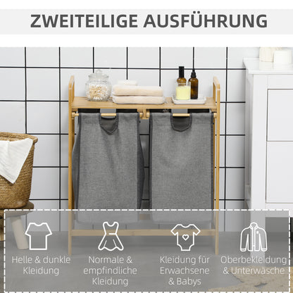HOMCOM Wäschesammler Wäschekorb, 2 Wäschesäcke, 2 Griffe, Bambus, 63,5 x 33 x 73 cm, Grau + Natur