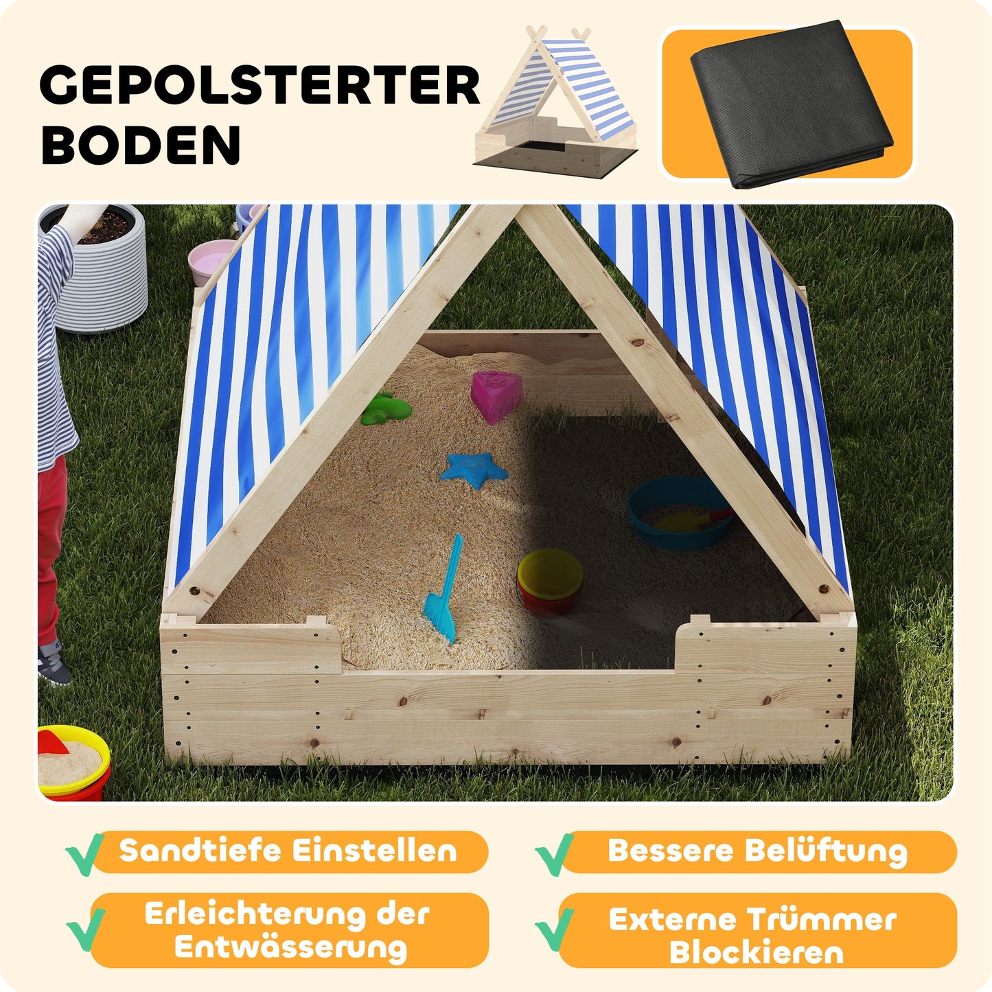 AIYAPLAY Sandkiste für Kinder, Sandkasten mit wetterfestem Zeltdach, für 3 Kinder im Alter von 3-6 Jahren, 120 x 120 x 126,5 cm
