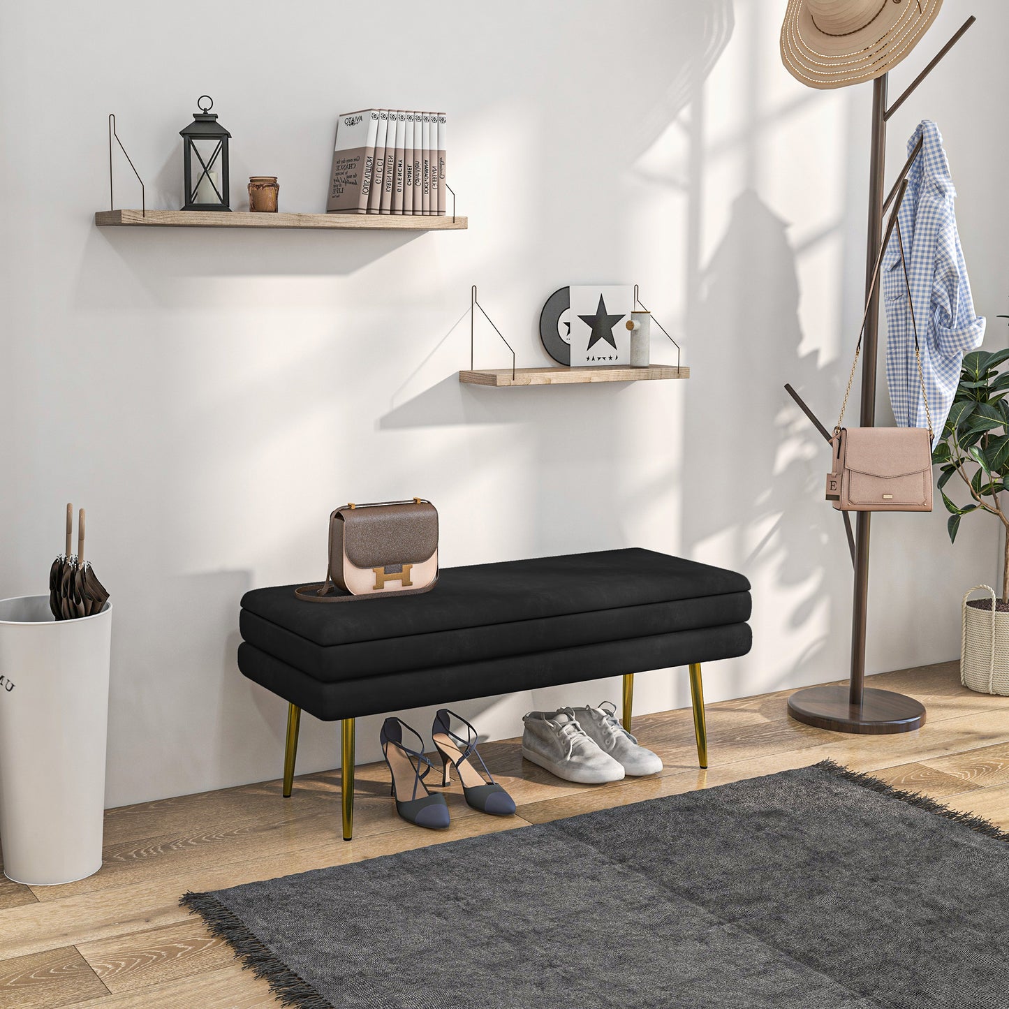 HOMCOM Sitzbank Polsterbank, mit Stauraum, Stahl, 100 cm x 37,5 cm x 42 cm, Schwarz