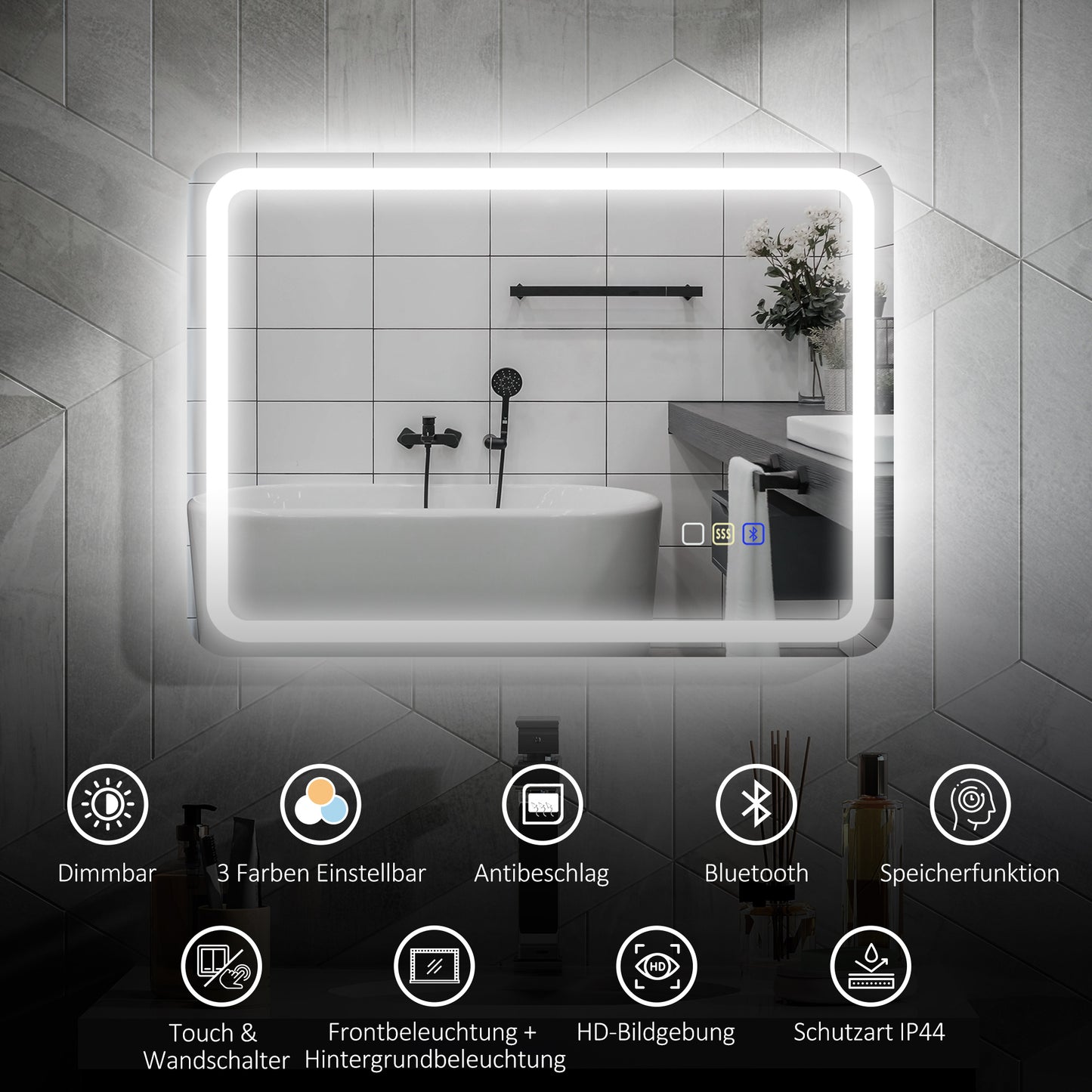 HOMCOM Badezimmerspiegel mit LED-Beleuchtung, Anti-Beschlags-Pad, 3 verstellbare Farben, Silberfarben
