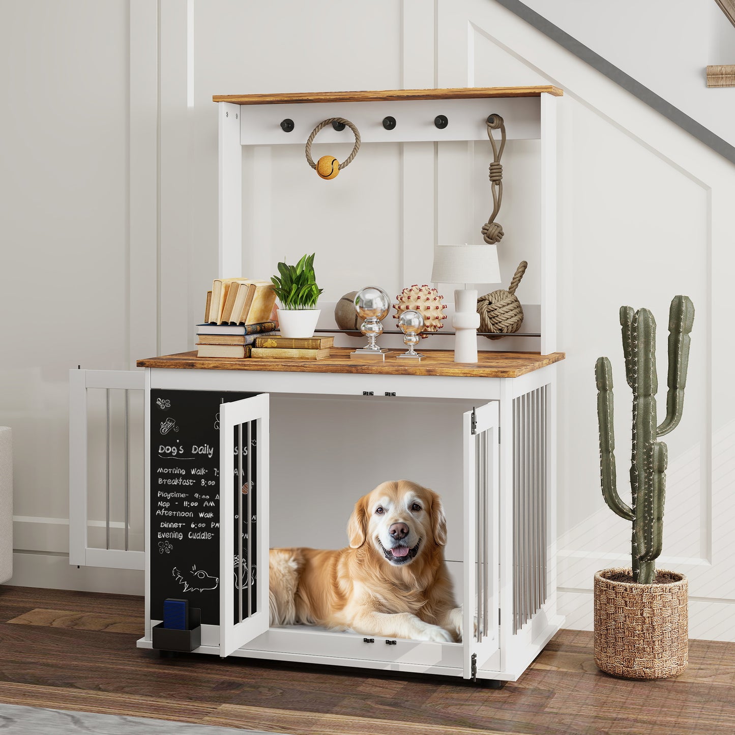 PawHut Hundebox mit Aufbewahrungsregal für Spielzeug, Haken für Leinen, Schreibtafel, Radiergummi, für große Hunde, Weiß