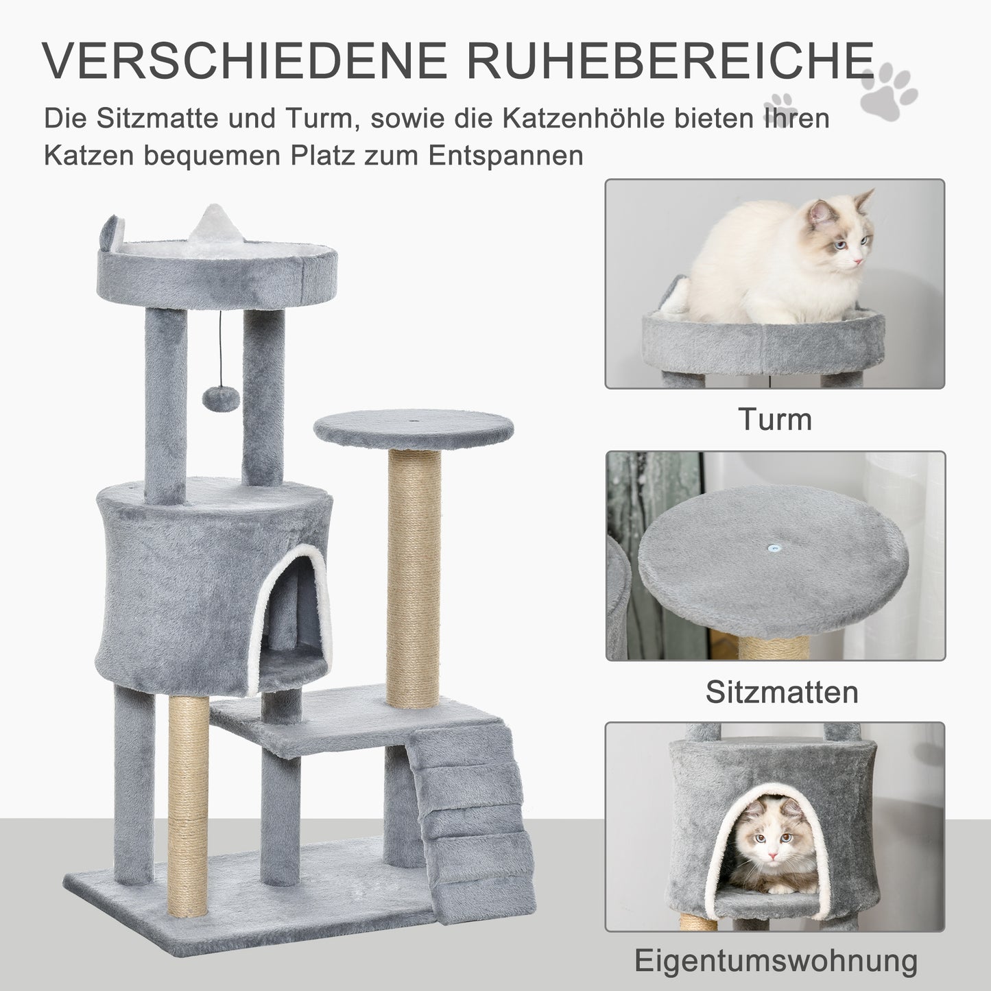 PawHut Kratzbaum mit Katzenhöhle Leiter Katzenbaum Höhe 100 cm Kletterbaum für Katzen Spanplatte Jute Grau 60 x 40 x 100 cm