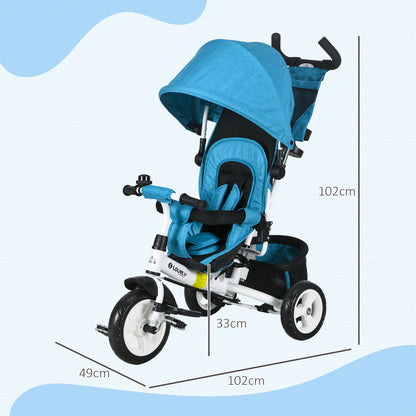 HOMCOM Kinder-Dreirad, Kinderfahrrad, Rückenkorb, Becherhalter, Sonnendach, Metall, Blau