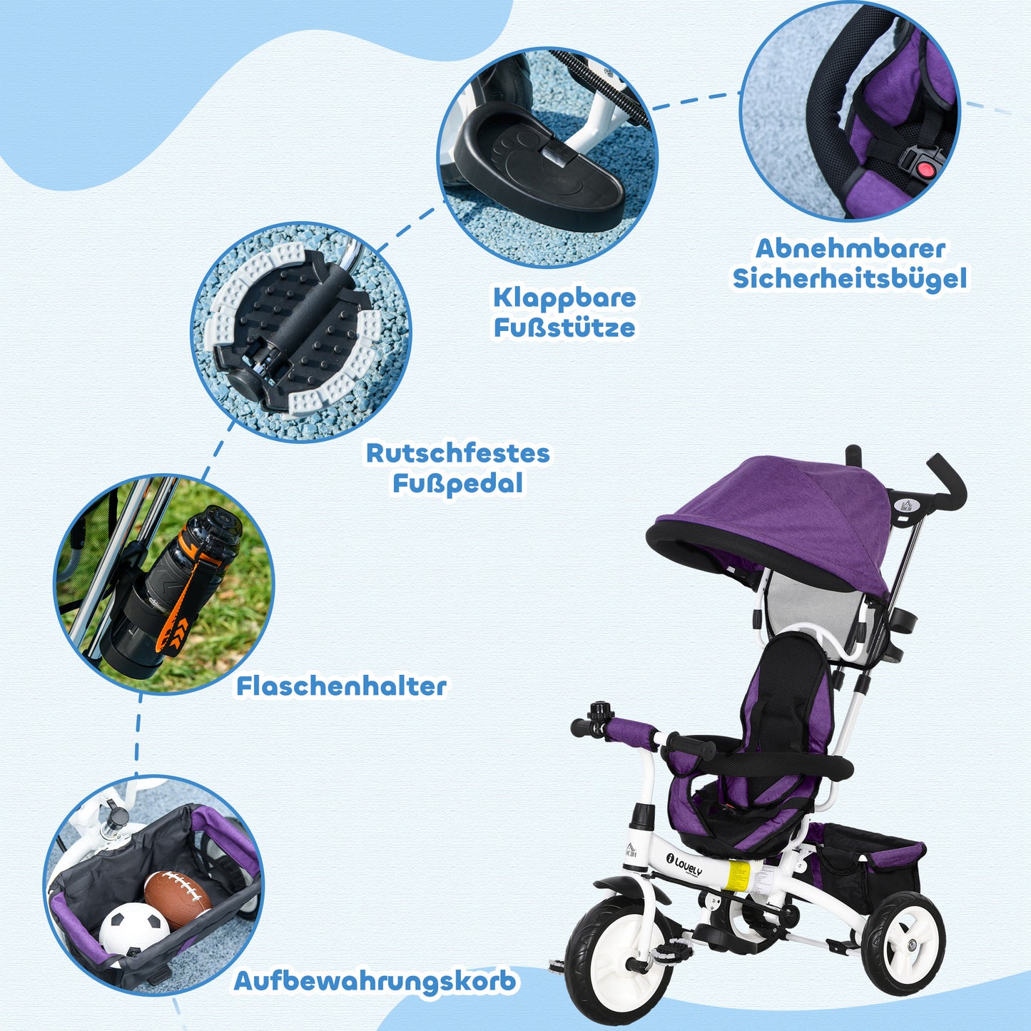 HOMCOM 6-in-1 Kinderdreirad mit Schiebestange, Dach, Gurt, Ablagekorb, für 1-5 Jahre, Blau