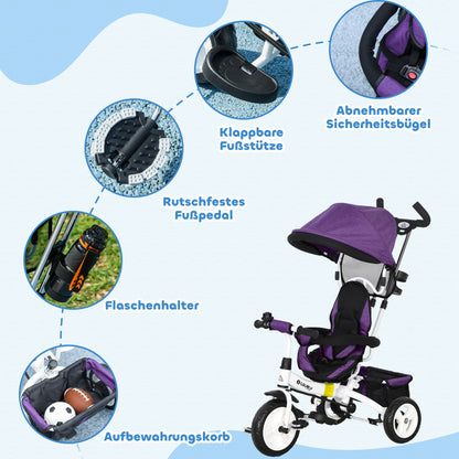 HOMCOM 6-in-1 Kinderdreirad mit Schiebestange, Dach, Gurt, Ablagekorb, für 1-5 Jahre, Blau