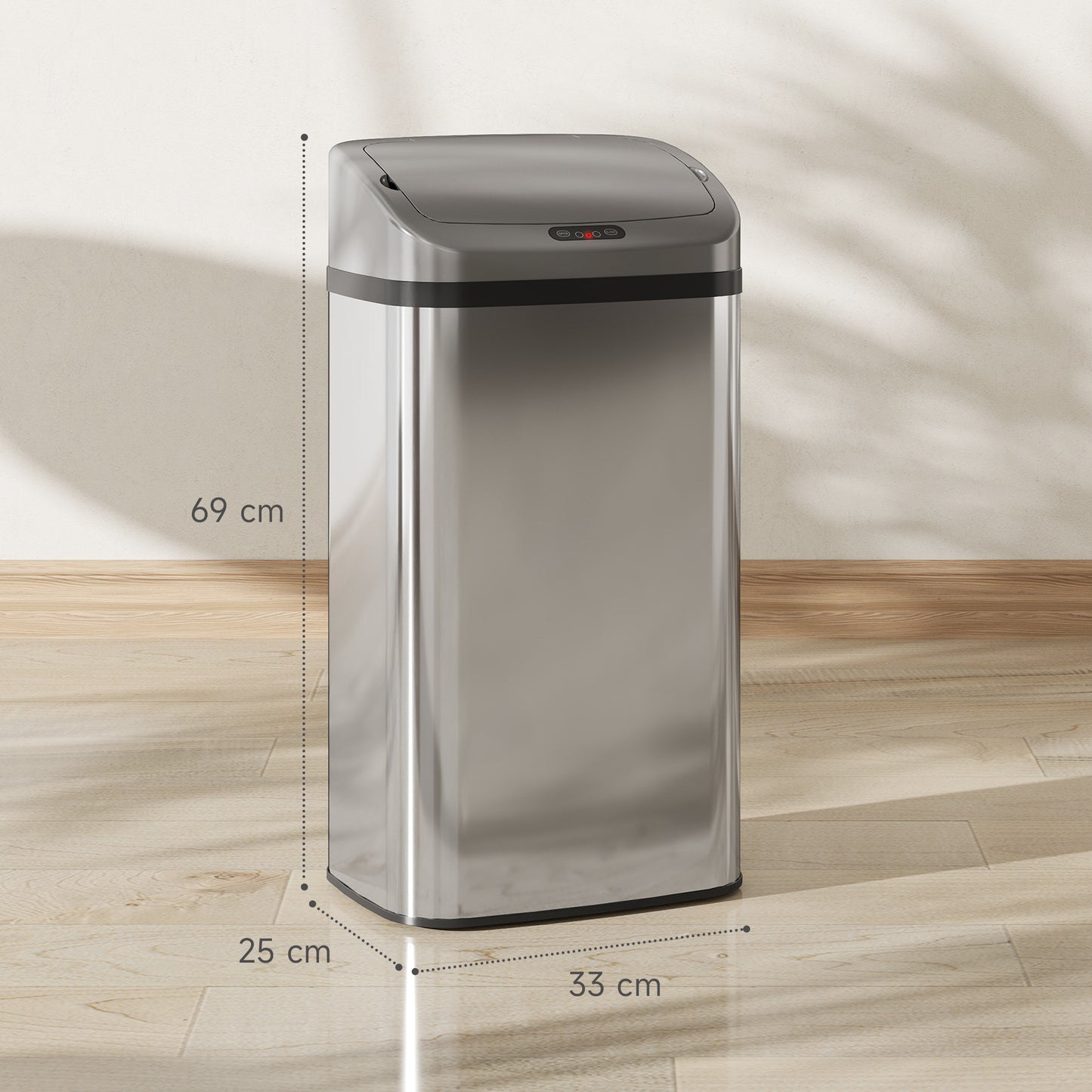 HOMCOM 48 L Sensor-Mülleimer für Küche oder Büro, automatische Schließ-Funktion, Edelstahl, Silberton