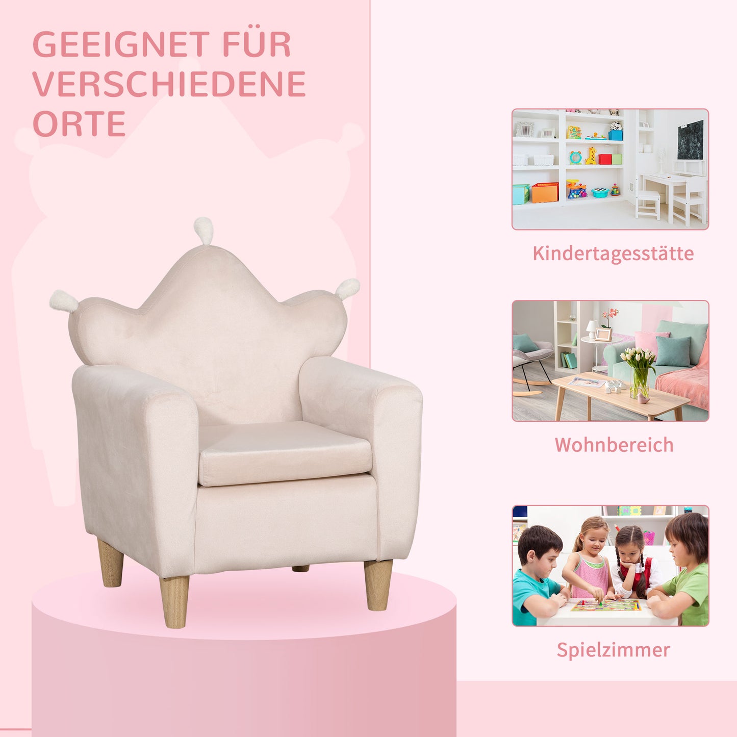 HOMCOM Kindersessel für Kinder 3-5 Jahre, weicher Stoffbezug, Rahmen aus Eukalyptusholz, 50 x 42 x 58cm, hellrosa
