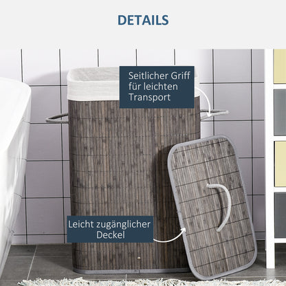 HOMCOM Wäschekorb mit Griffen und waschbarem Wäschesack, Rattan, Polyester, Baumwolle, Metall, 43L x 32B x 61H cm, Grau