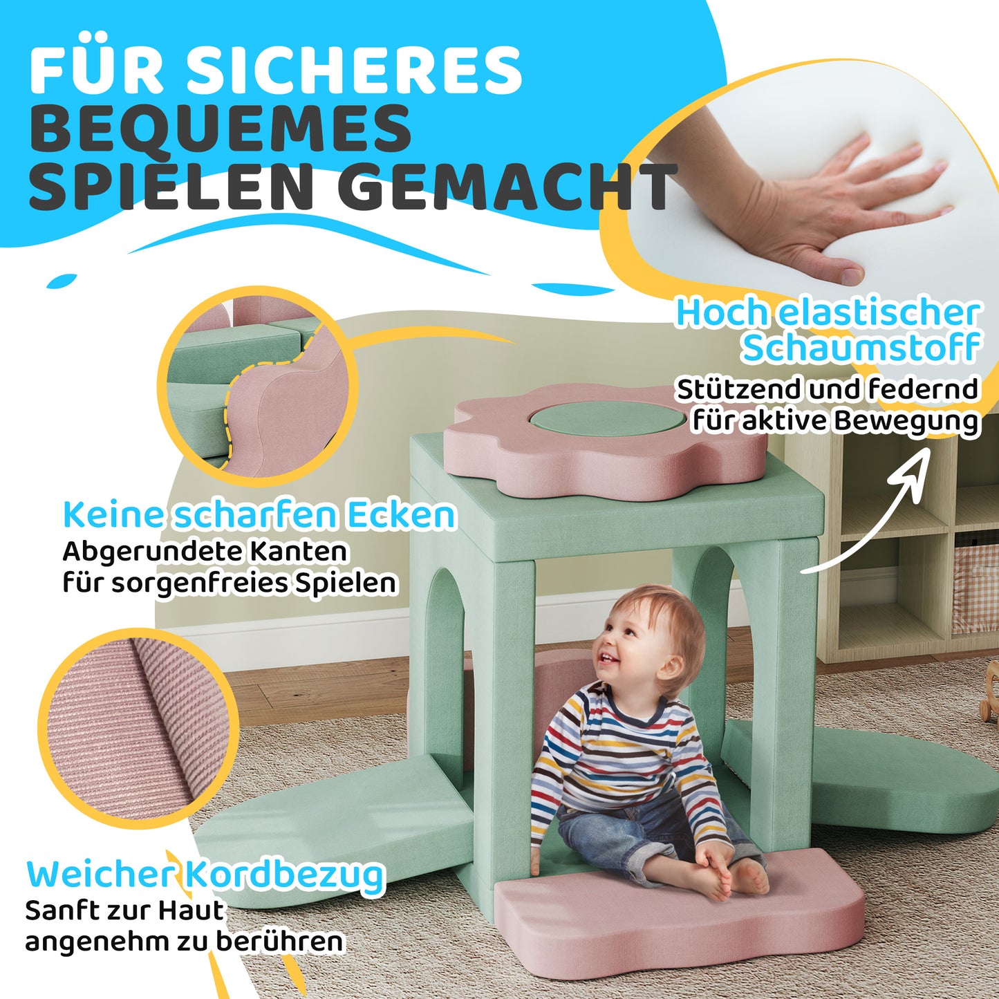 AIYAPLAY 12-teiliges Set Schaumstoffblöcke zum Klettern, Bauen, Krabbeln, Indoor-Spielmatten mit Cordbezug, Grün+Rosa
