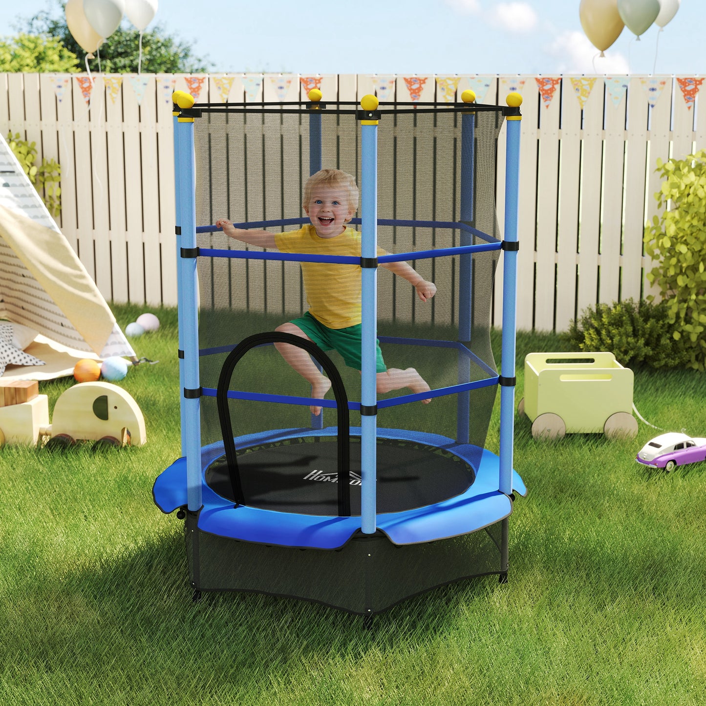 HOMCOM Trampolin für Kinder, Ø140 cm, mit Sicherheitsnetz, für innen und außen, Stahl, Kunststoff, belastbar bis 50 kg, Blau