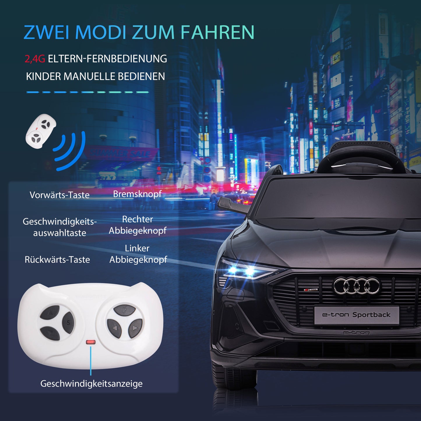 HOMCOM Elektro Kinderauto 12V Elektrofahrzeug Audi E-tron Elektroauto mit Fernbedienung, Sicherheitsgurt, Musik (MP3/USB/TF), Kinderfahrzeug für Kinder 3-5 Jahre, 3-5 km/h, Schwarz