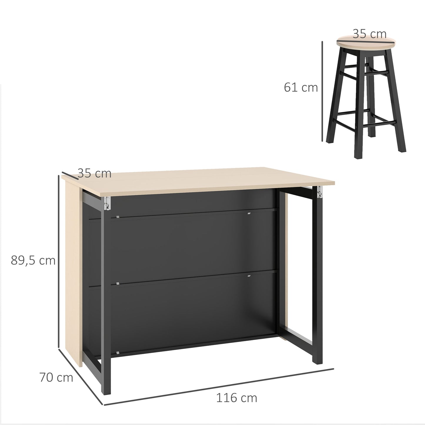 HOMCOM 3-tlg. Barset, Bartisch mit klappbarer Tischplatte, 2 Barhocker, 6 Staufächer, schwarz+Eiche, 116 x 70 x 89,5 cm