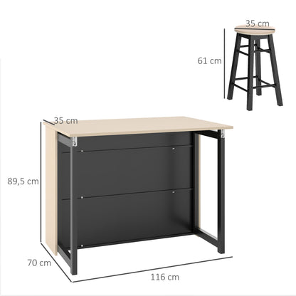 HOMCOM 3-tlg. Barset, Bartisch mit klappbarer Tischplatte, 2 Barhocker, 6 Staufächer, schwarz+Eiche, 116 x 70 x 89,5 cm