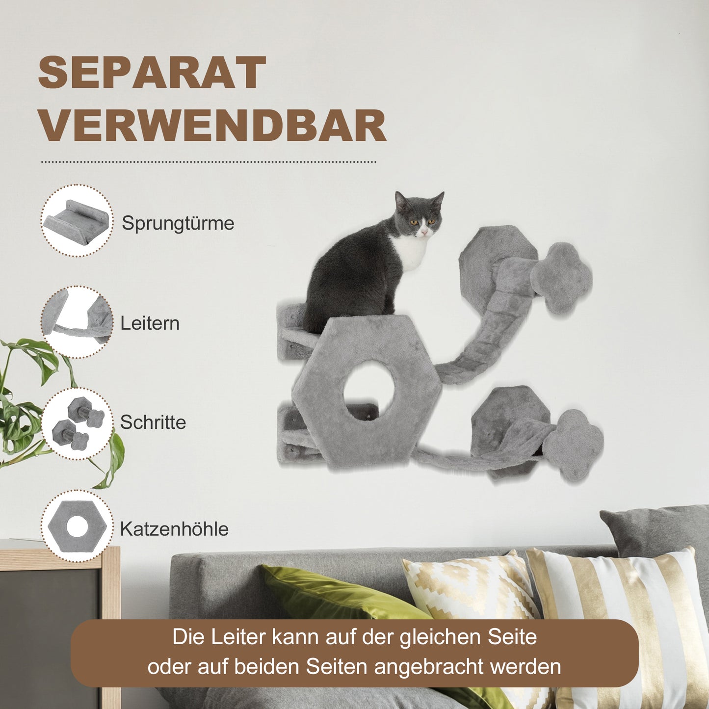 PawHut Katzen Kletterwand, inkl. Katzenhaus, Leitern, Spielball, platzsparend, Hellgrau