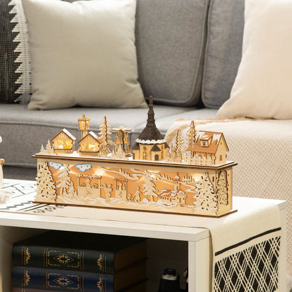 HOMCOM Weihnachtsdekoration, Weihnachtsdorf, 10 LEDs, warmweißes Licht, 45 x 10 x 25 cm, Holzdekor