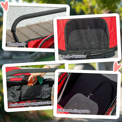 PawHut Hundebuggy, faltbar, aufklappbar, Liegekissen, Stahlrahmen, Rot/Schwarz