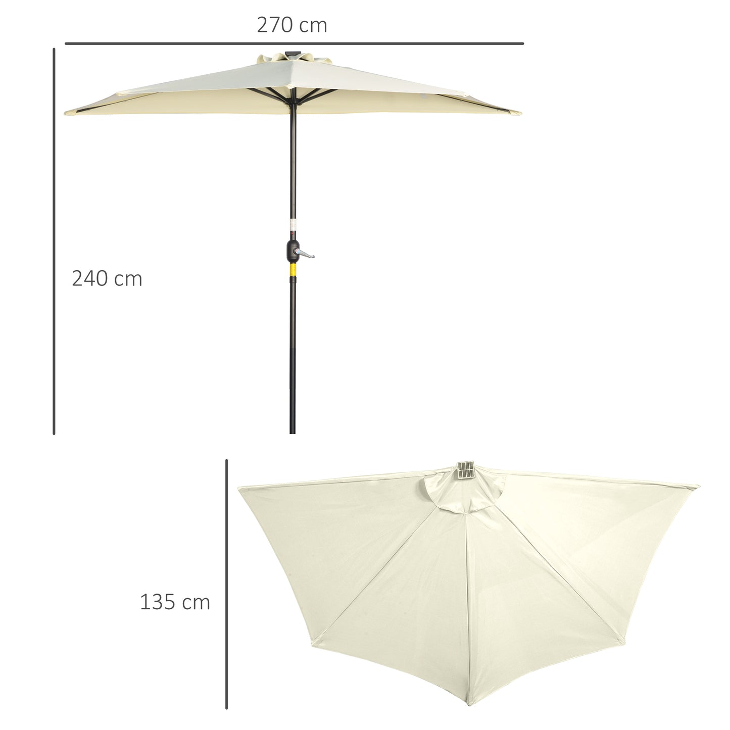 Outsunny Sonnenschirm, Terrassenschirm, halbrund, mit Solarpanel, 20 lysdioder, Handkurbel, beige, 2,70 x 1,35 x 2,40 m