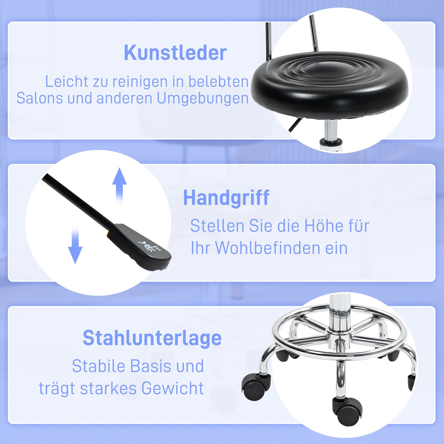 HOMCOM Rollhocker, Drehbarer und verstellbarer Hocker mit Rückenlehne, Kunstlederbezug, Fußstütze, für Frisiertische, Schwarz