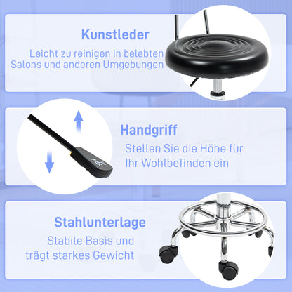 HOMCOM Rollhocker, Drehbarer und verstellbarer Hocker mit Rückenlehne, Kunstlederbezug, Fußstütze, für Frisiertische, Schwarz