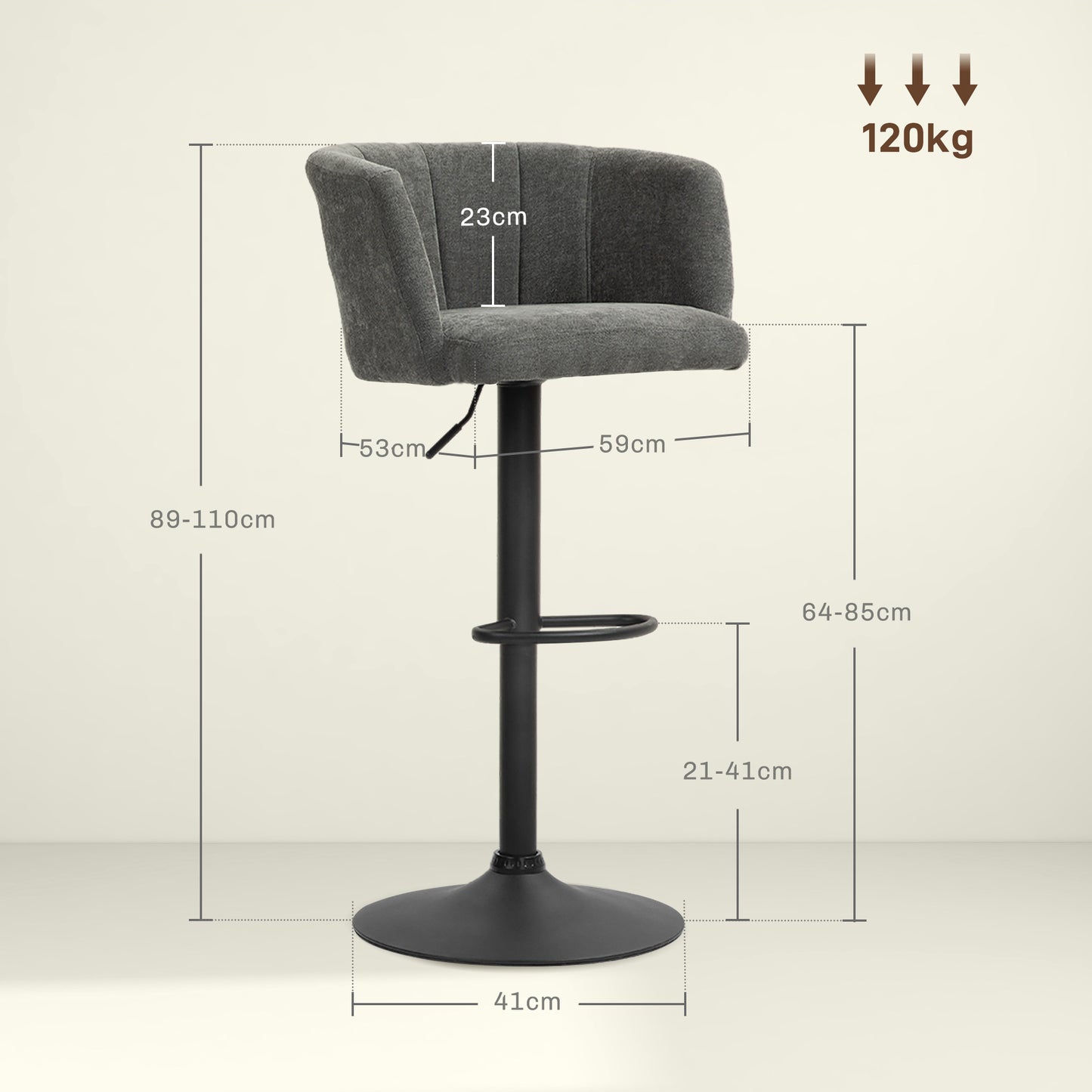 HOMCOM Barhocker 2er-Set, Schalenrücken, höhenverstellbar, Fußstütze, für Küche oder Esszimmer, Metallbasis, Dunkelgrau