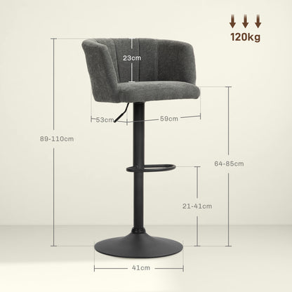 HOMCOM Barhocker 2er-Set, Schalenrücken, höhenverstellbar, Fußstütze, für Küche oder Esszimmer, Metallbasis, Dunkelgrau