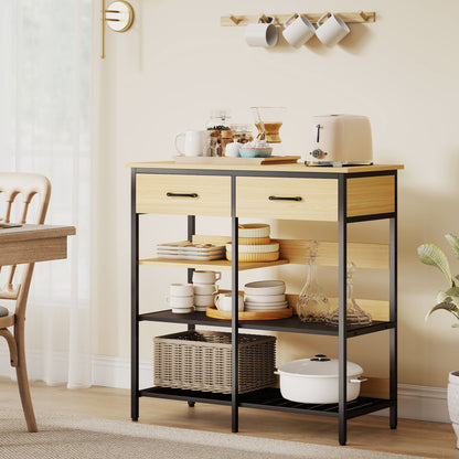 HOMCOM Sideboard, Kommode mit 2 Schubladen, 3 offenen Regalen Küchenschrankfür Küche, Wohnzimmer 90 x 40 x 91 cm, Naturholz