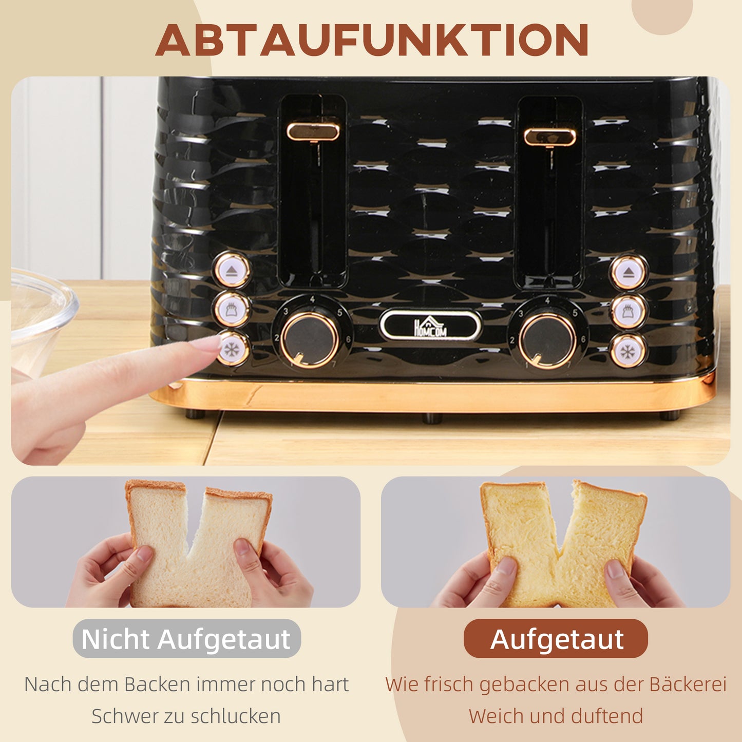 HOMCOM 4-Scheiben-Toaster, wellenförmiges Design, mehrere Funktionen, Krümelfach, Schwarz