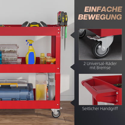 DURHAND 3-stufiger Werkzeugwagen, 4 Rollen, Stahl, 83B x 35,3T x 76H cm, Rot