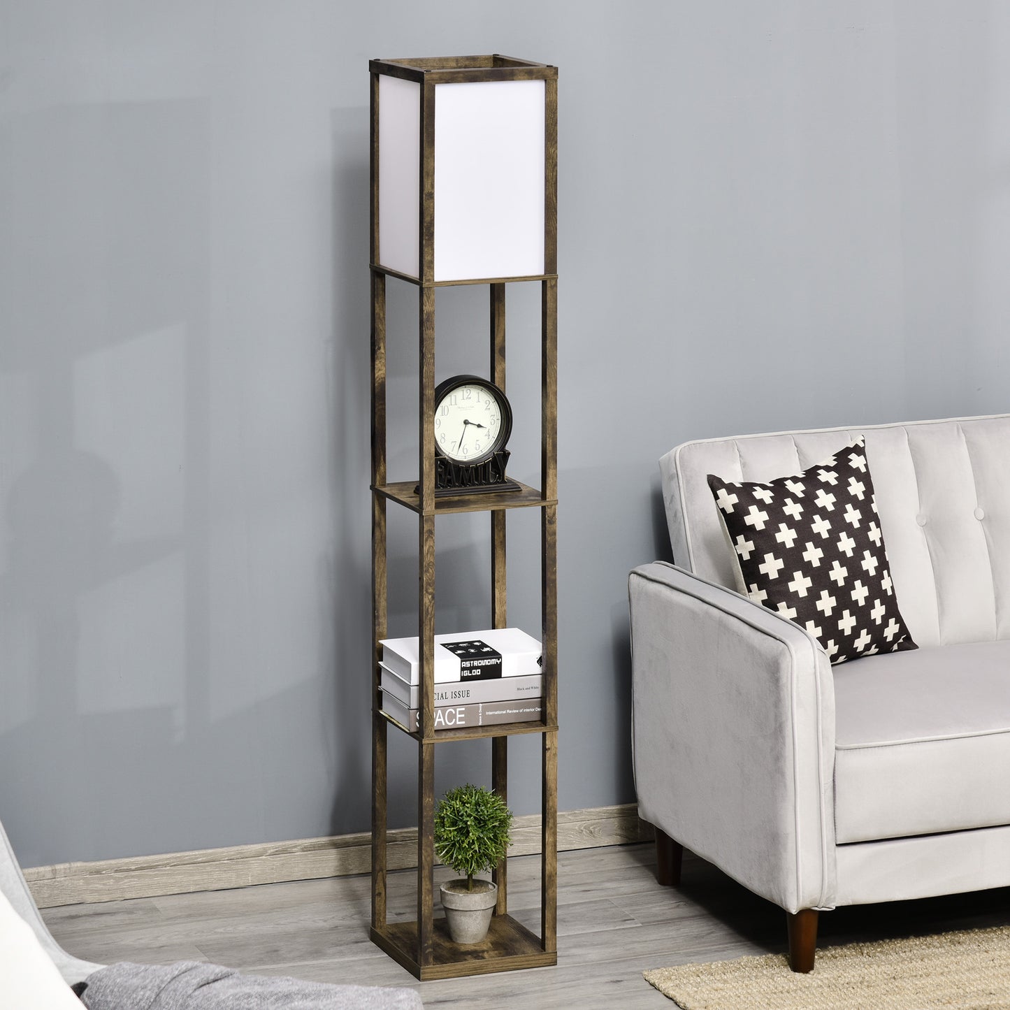 HOMCOM Stehlampe mit Regalen, Stehleuchte, Holz, 26 x 26 x 160 cm, für Wohn-/Schlafzimmer (Ohne Glühbirne)