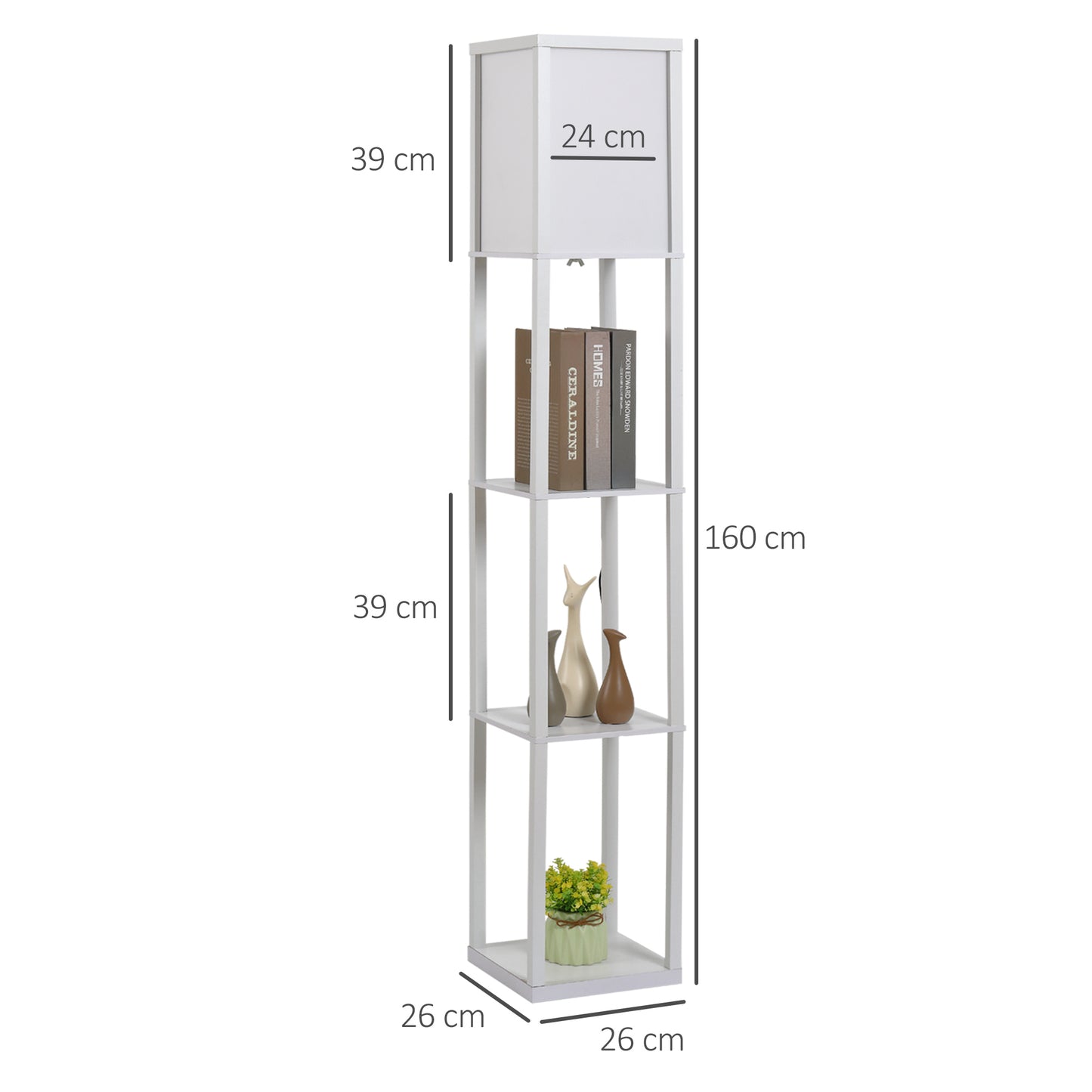 HOMCOM Stehlampe mit Regalen, Stehleuchte, Holz, 26 x 26 x 160 cm, für Wohn-/Schlafzimmer (Ohne Glühbirne)