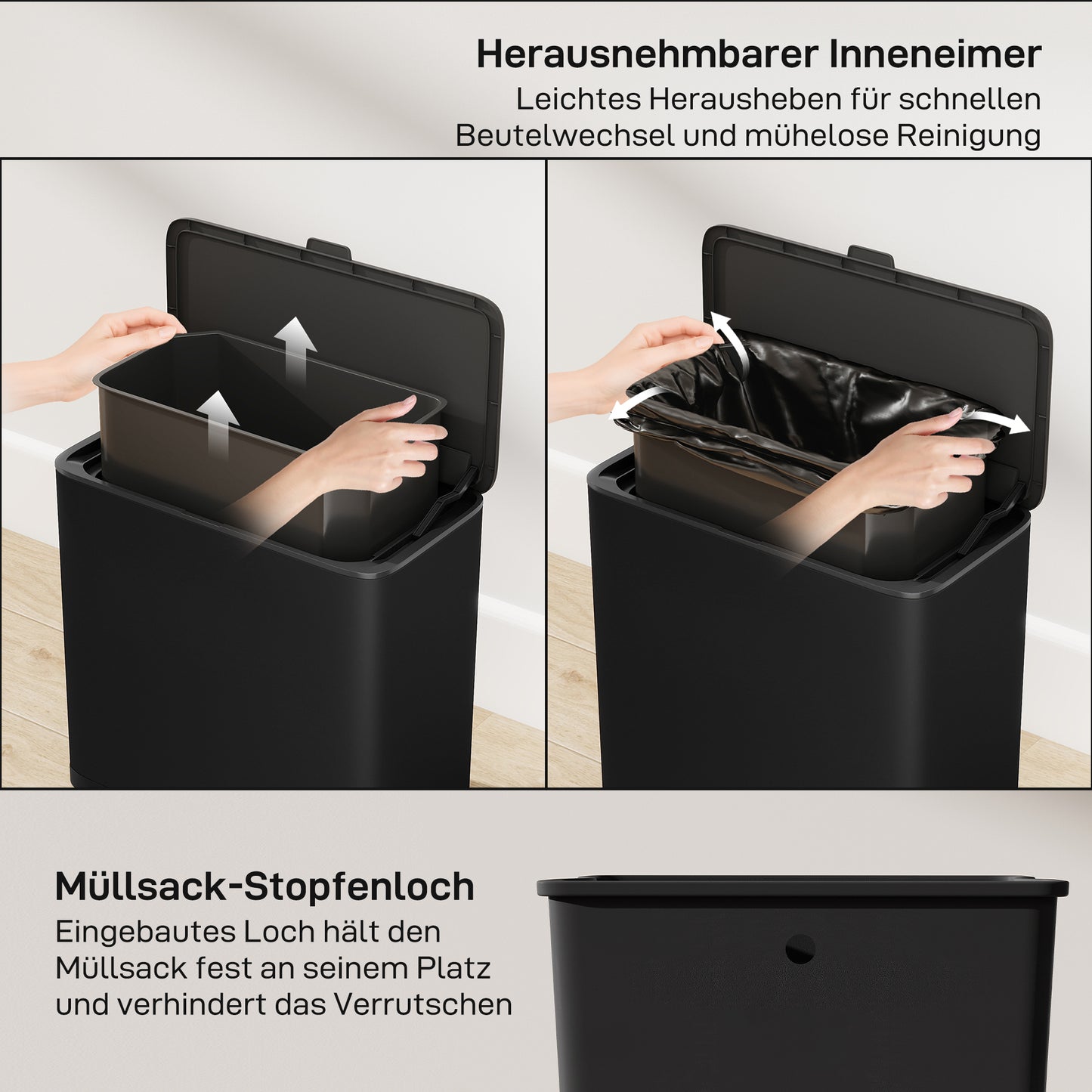 HOMCOM 8 L Mülleimer, freistehend oder hängend platzierbar, Edelstahl, Schwarz