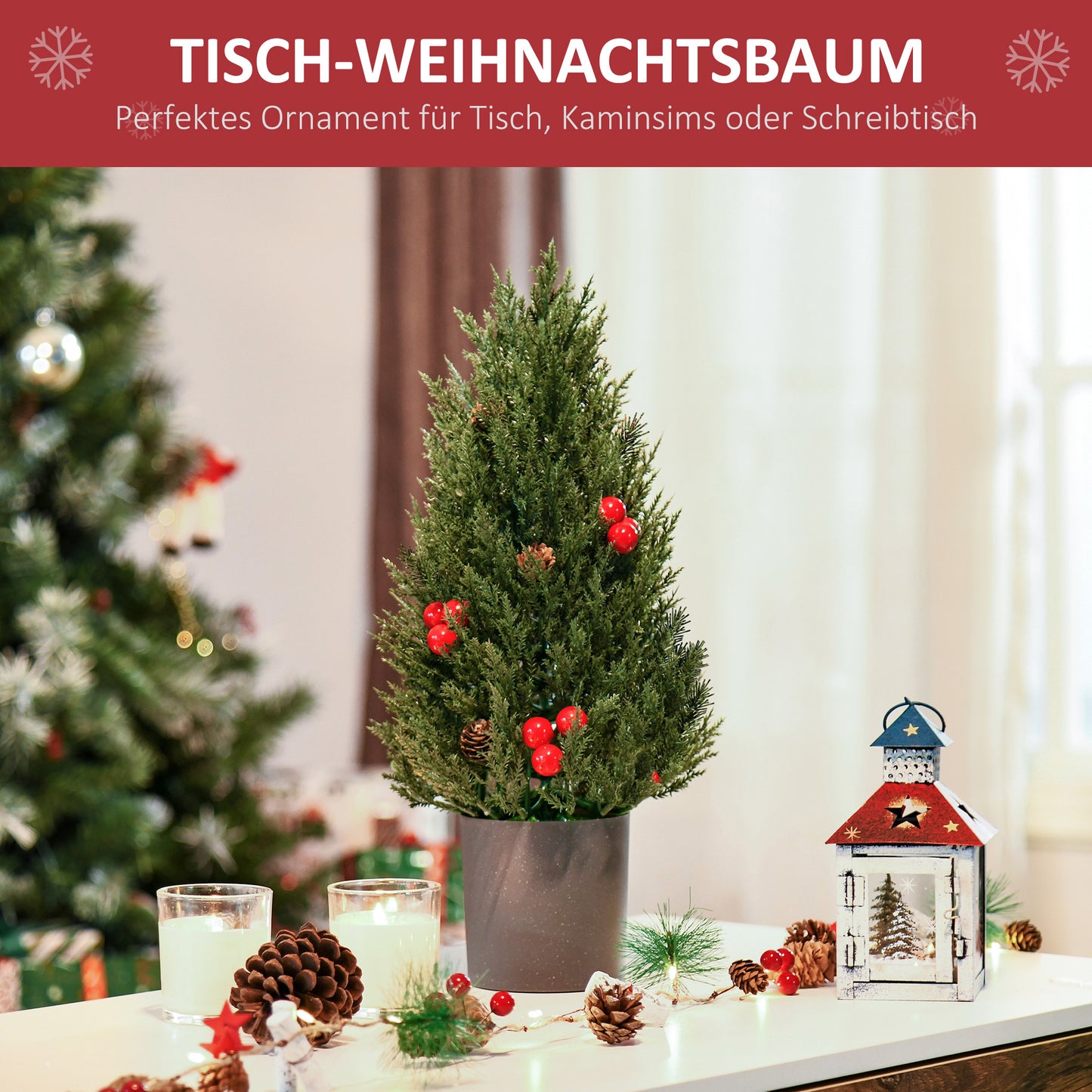 HOMCOM Mini-Weihnachtsbaum mit roten Beeren und Tannenzapfen, inkl. Übertopf 27 cm x 27 cm x 47 cm, Mehrfarbig