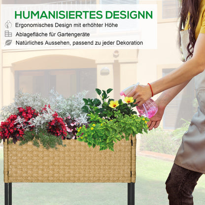 Outsunny Hochbeet, Blumenkasten, tiefe Ablage, Metallrahmen/Polyrattan, 70 x 30 x 72 cm, Sandfarben