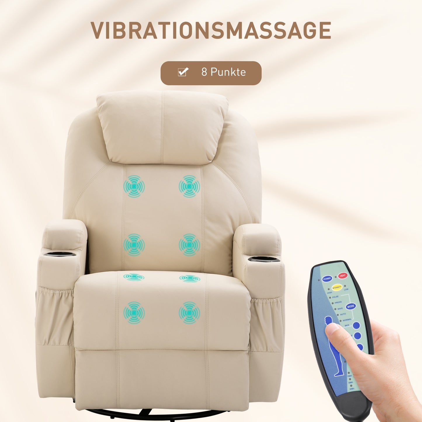 HOMCOM Massagesessel Elektrisch Relaxsessel Fernsehsessel Massagefunktion 5 Massage-Modi Liegefunktion Kunstleder Holz Metall Schaumstoff Cremeweiß 84 x 92 x 109 cm