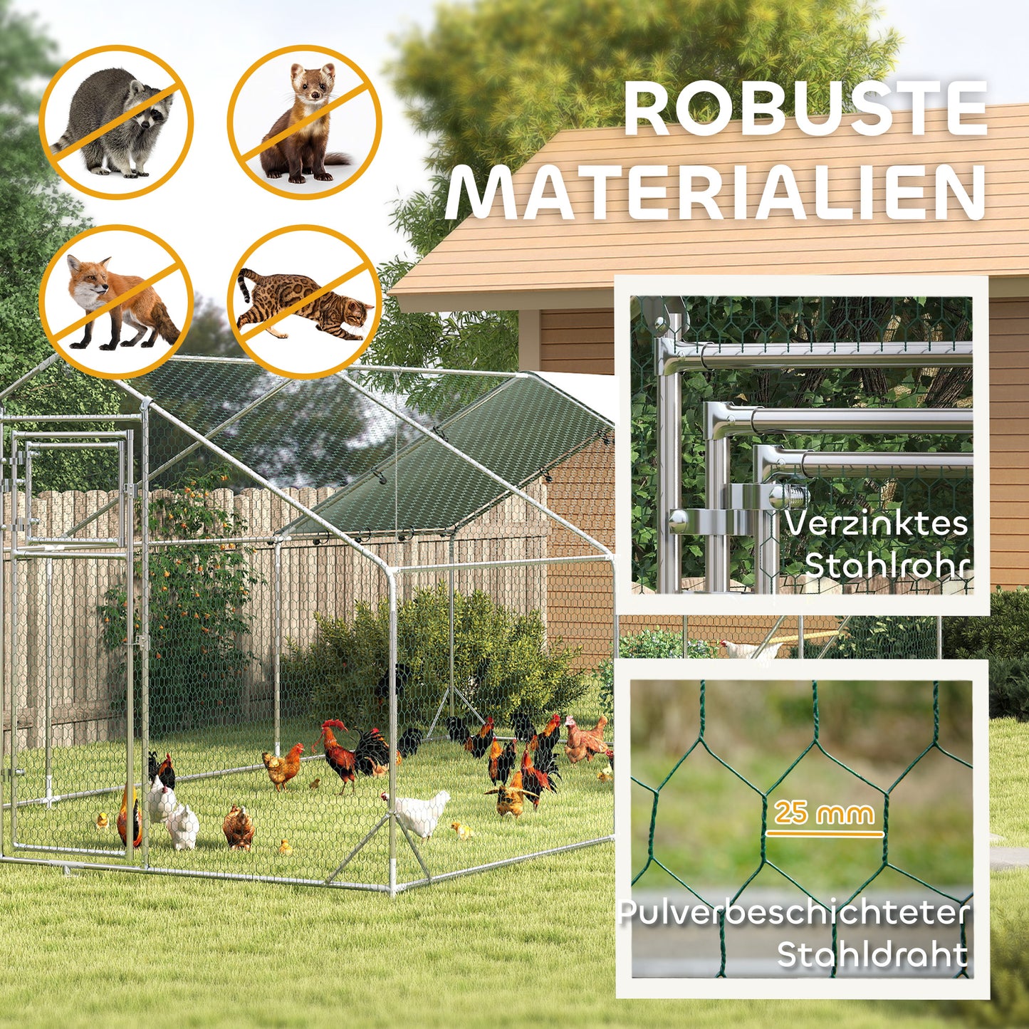 PawHut Hühnerstall, Freilaufgehege für Hühner, mit UV-beständiger Plane, Stahlgitter, Futterautomat, für 18-24 Hühner