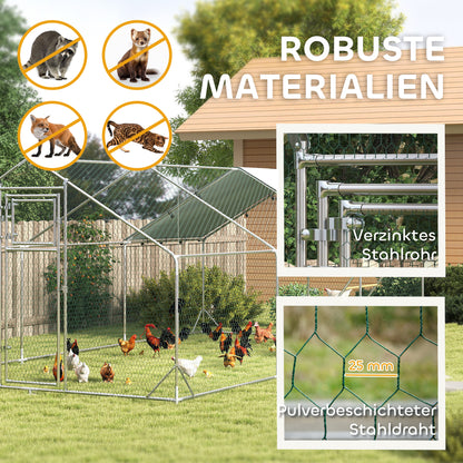 PawHut Hühnerstall, Freilaufgehege für Hühner, mit UV-beständiger Plane, Stahlgitter, Futterautomat, für 18-24 Hühner