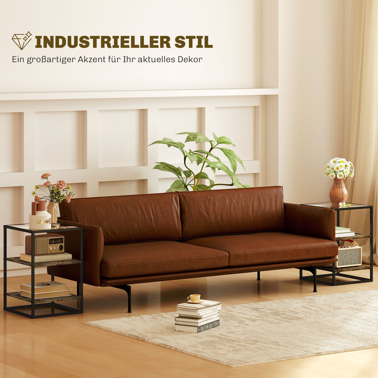 HOMCOM 2er-Set Beistelltische mit Glasplatte, 3-stufiges Design, Metallrahmen, für Wohnzimmer, Schlafzimmer, Braun