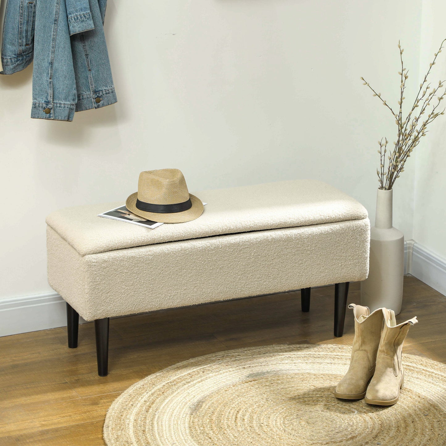 HOMCOM Sitzbank im Vintagedesign, Schuhbank, versteckter Stauraum, Kaschmir-Optik, Beige + Schwarz