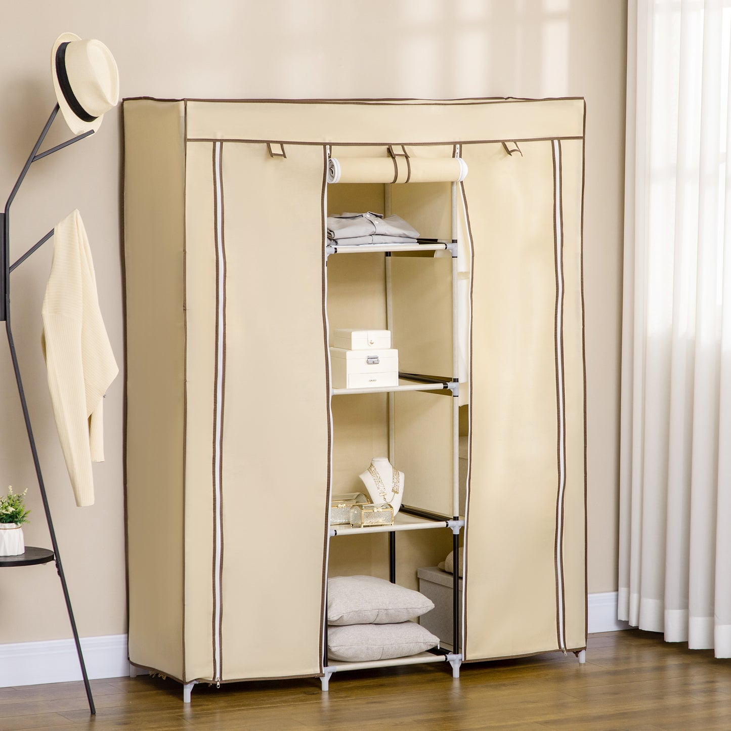 HOMCOM Schrank aus Stoff, Aufbewahrungslösung, 8 Regale, 2 Kleiderstangen, Beige
