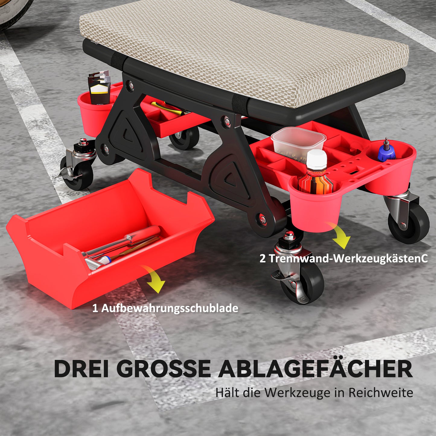 HOMCOM Werkstatthocker mit Rollen Ablagefläche 35cm hoch Rollhocker bis 135 kg belastbar Grau