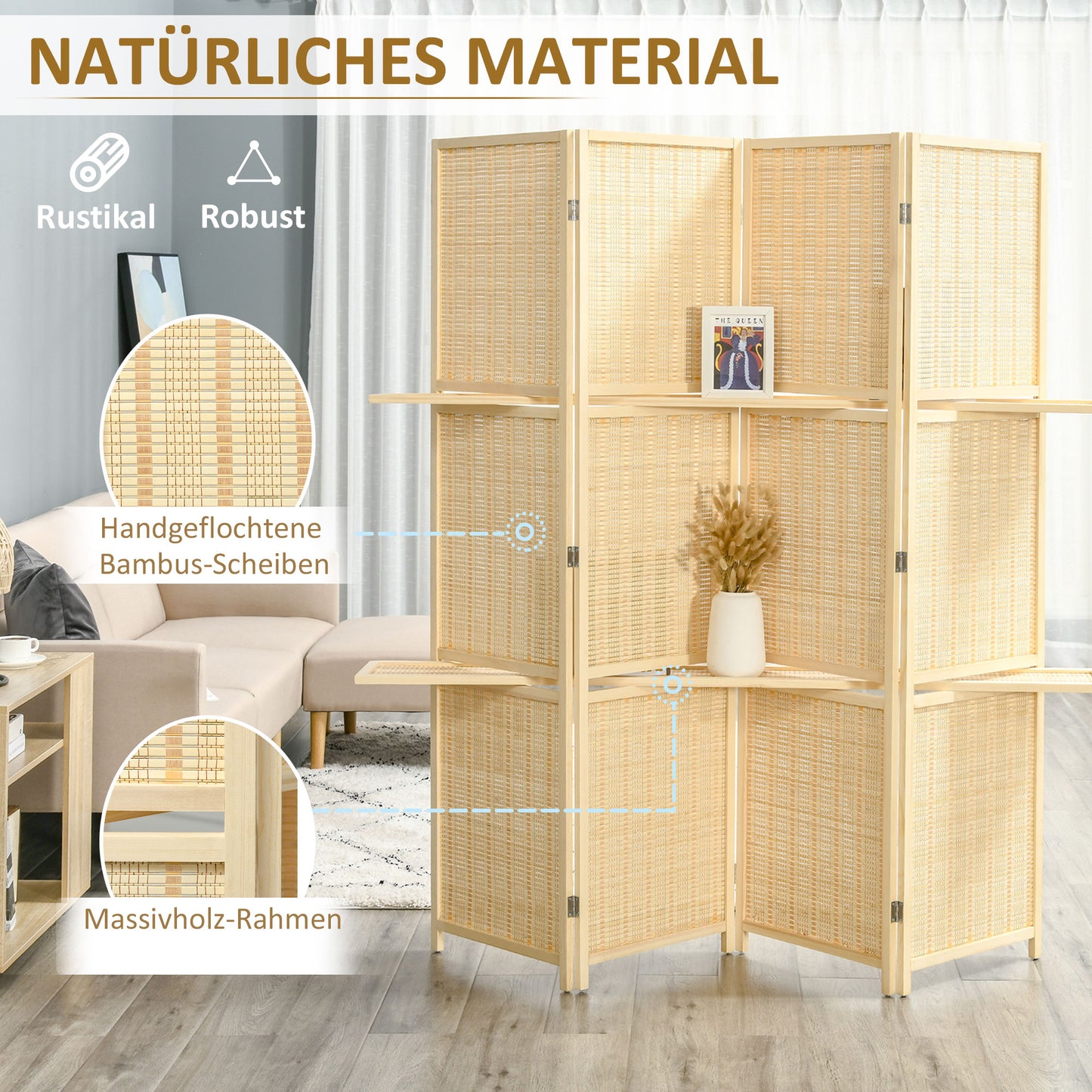 HOMCOM Raumteiler, Raumtrenner aus Bambus, 2 Regale, faltbar, Fußpads, Natur
