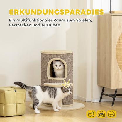 PawHut Katzenfass, Kratzbaum mit 2 Ebenen, Sprungplattform, Aussichtspunkt, Kratzmatte, zum Ausruhen und Spielen, Beige