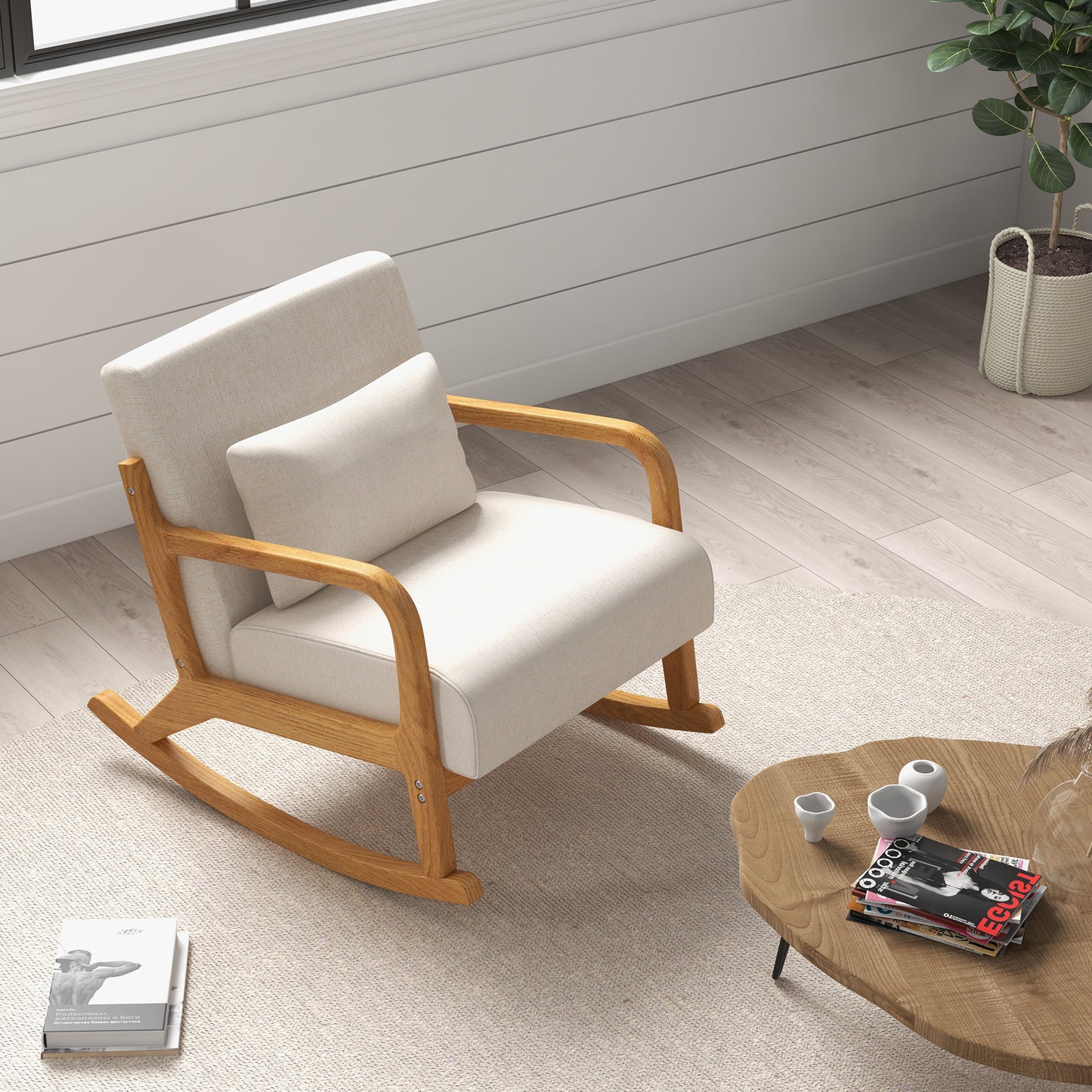 HOMCOM Schaukelstuhl im Retrodesign, Gummibaumholz, 64,5 cm x 92 cm x 81, 5 cm, Beige + Braun